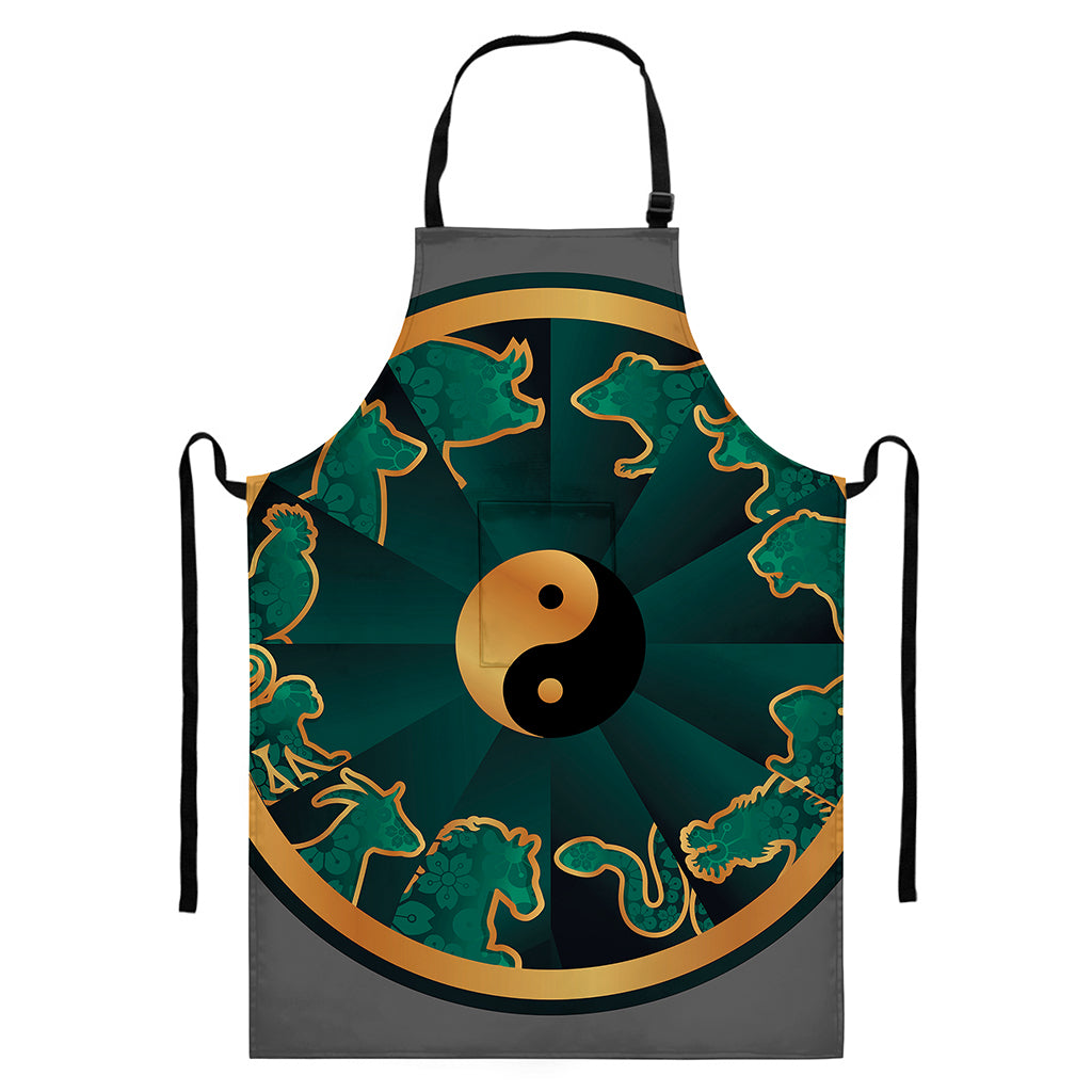 Green And Gold Chinese Zodiac Print Bib Apron With Pocket