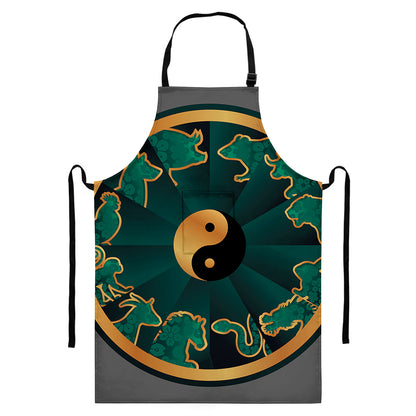 Green And Gold Chinese Zodiac Print Bib Apron With Pocket