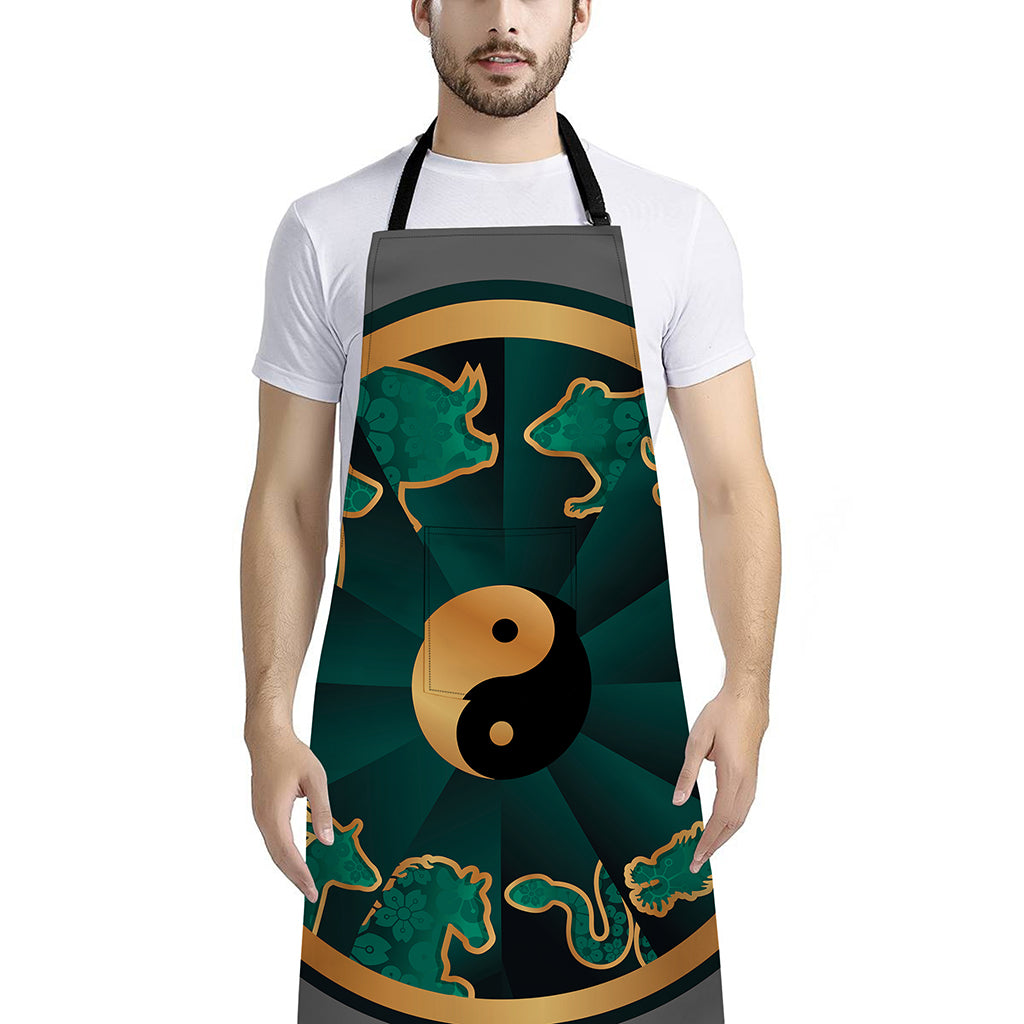 Green And Gold Chinese Zodiac Print Bib Apron With Pocket