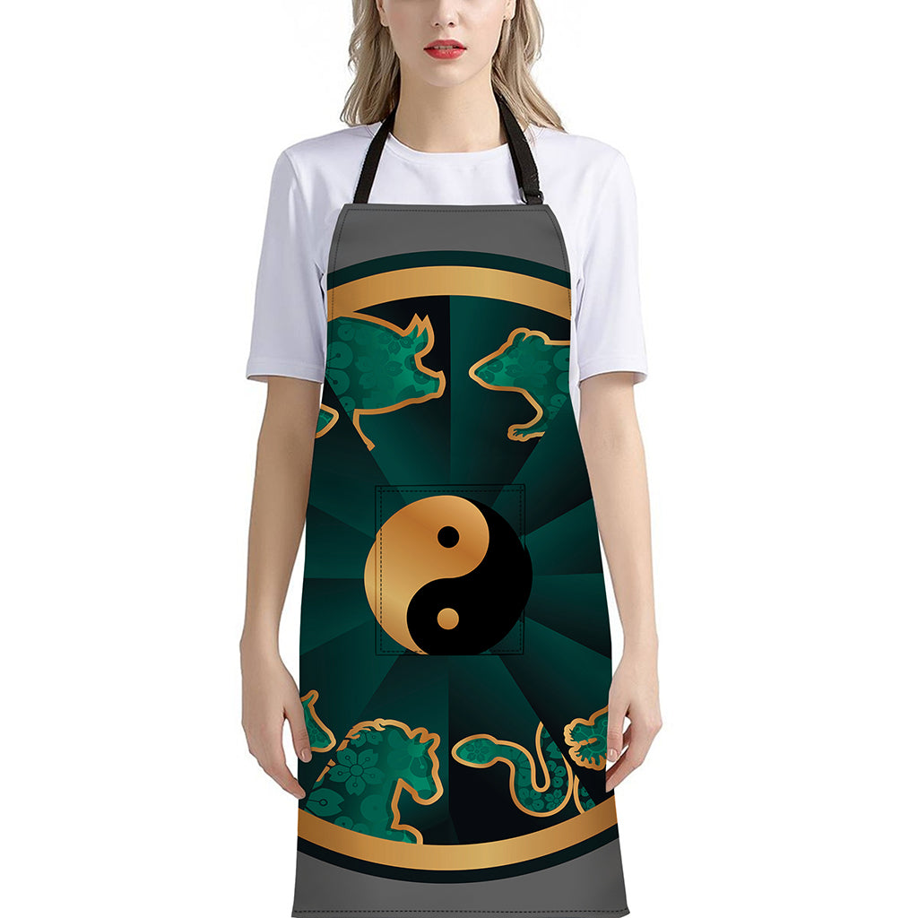 Green And Gold Chinese Zodiac Print Bib Apron With Pocket