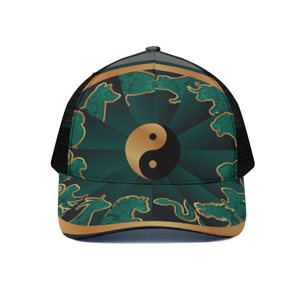 Green And Gold Chinese Zodiac Print Black Mesh Trucker Cap