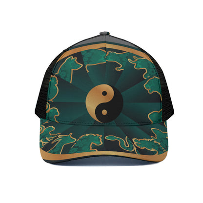 Green And Gold Chinese Zodiac Print Black Mesh Trucker Cap