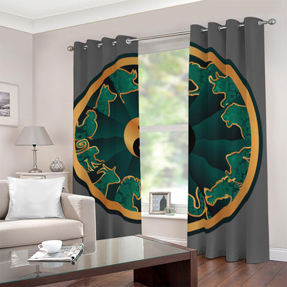 Green And Gold Chinese Zodiac Print Blackout Grommet Curtains