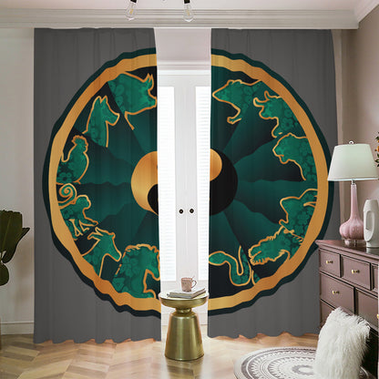 Green And Gold Chinese Zodiac Print Blackout Pencil Pleat Curtains