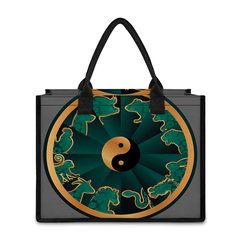 Green And Gold Chinese Zodiac Print Canvas Tote Bag