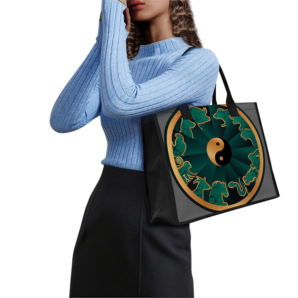 Green And Gold Chinese Zodiac Print Canvas Tote Bag