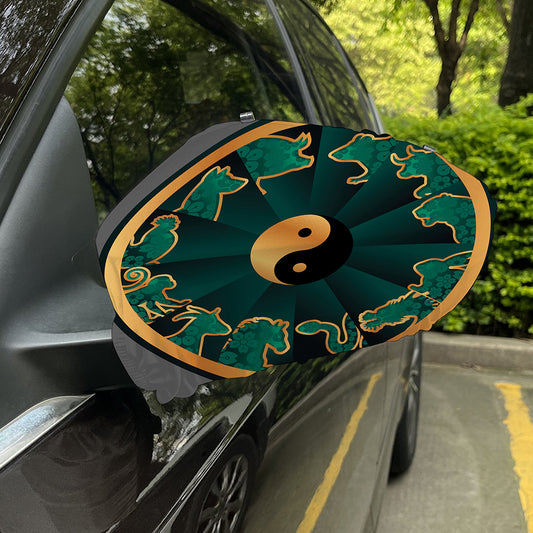 Green And Gold Chinese Zodiac Print Car Side Mirror Covers