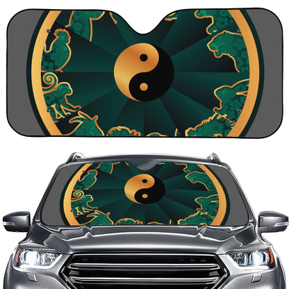Green And Gold Chinese Zodiac Print Car Windshield Sun Shade