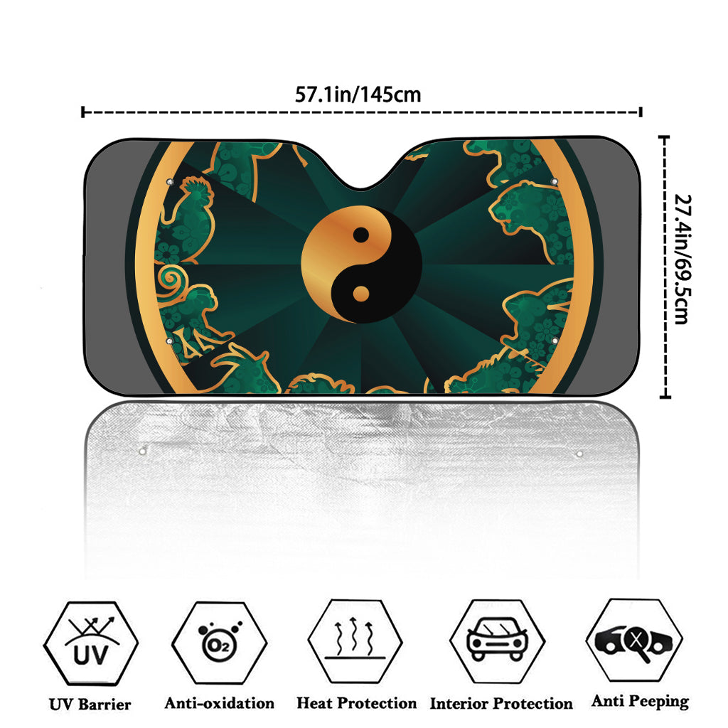 Green And Gold Chinese Zodiac Print Car Windshield Sun Shade