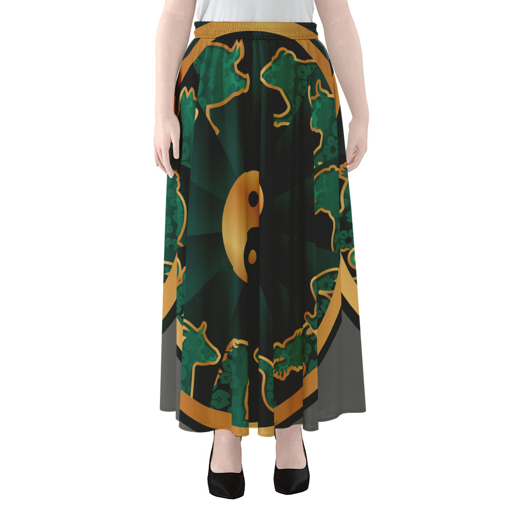 Green And Gold Chinese Zodiac Print Chiffon Maxi Skirt