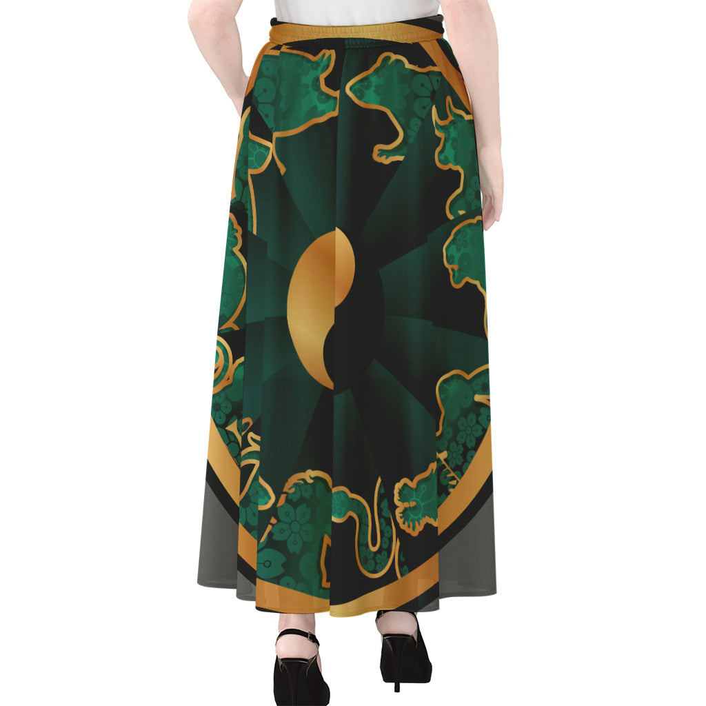 Green And Gold Chinese Zodiac Print Chiffon Maxi Skirt