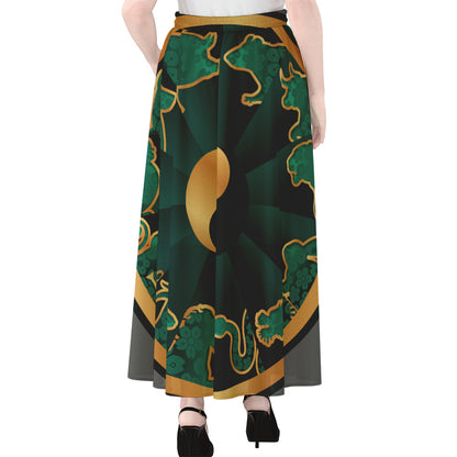 Green And Gold Chinese Zodiac Print Chiffon Maxi Skirt