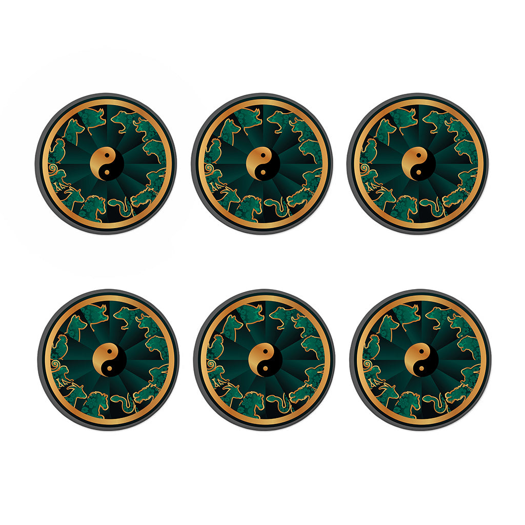 Green And Gold Chinese Zodiac Print Coaster Set