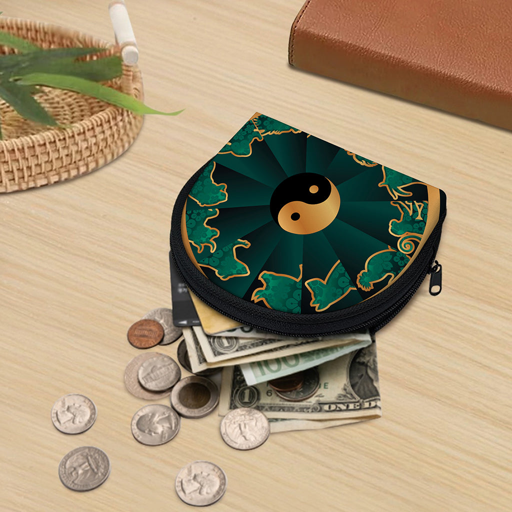 Green And Gold Chinese Zodiac Print Coin Purse