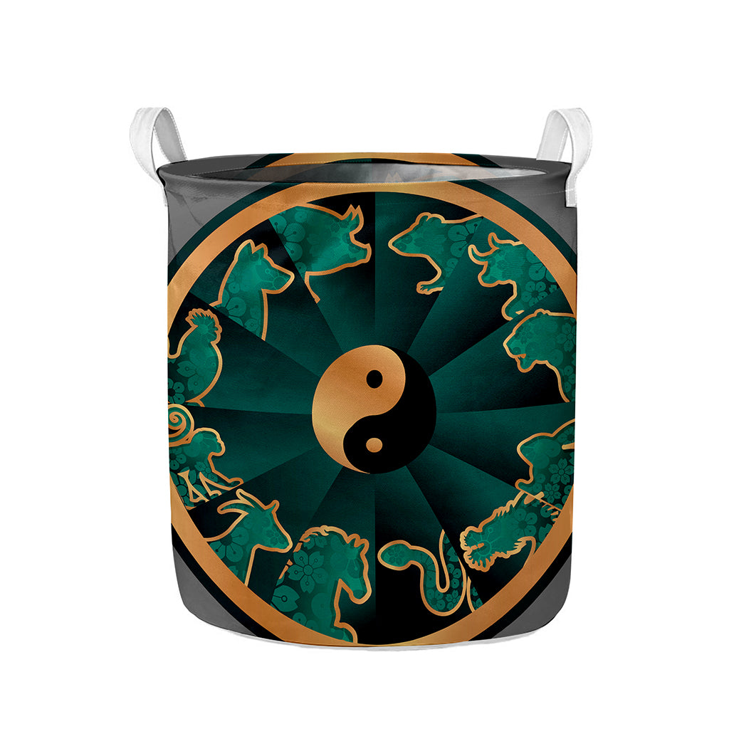 Green And Gold Chinese Zodiac Print Collapsible Laundry Basket