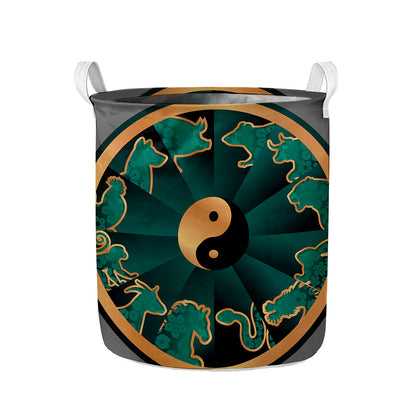 Green And Gold Chinese Zodiac Print Collapsible Laundry Basket