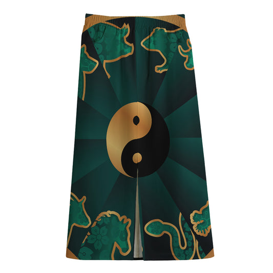 Green And Gold Chinese Zodiac Print Cotton Front Slit Maxi Skirt