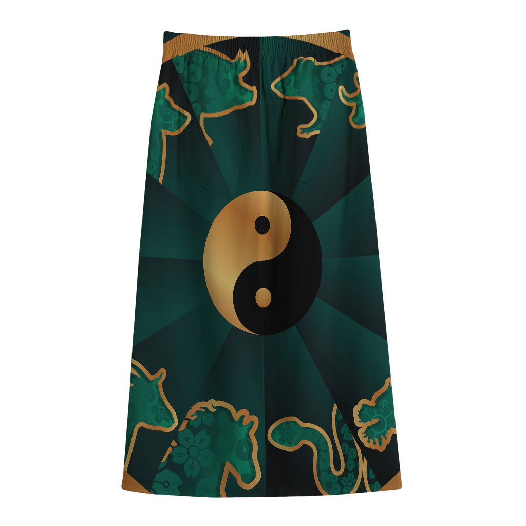 Green And Gold Chinese Zodiac Print Cotton Front Slit Maxi Skirt