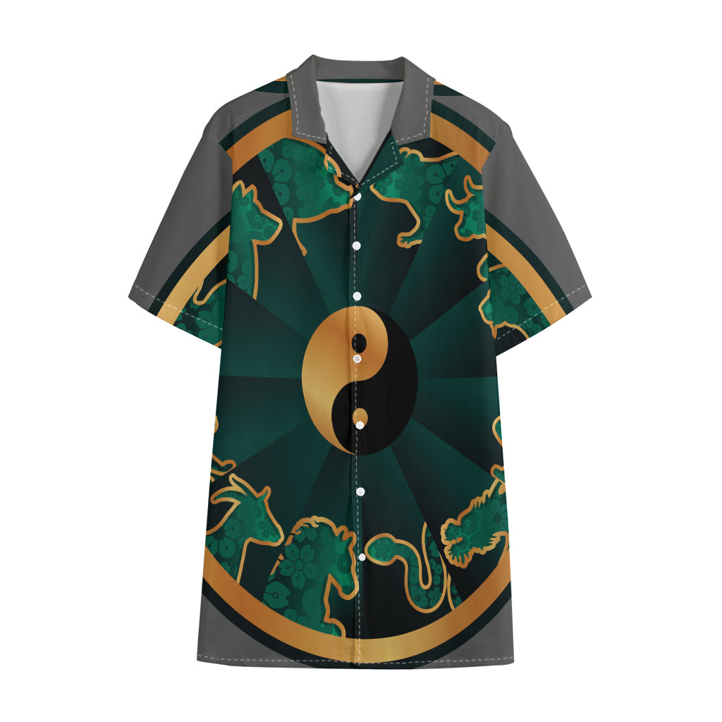 Green And Gold Chinese Zodiac Print Cotton Hawaiian Shirt