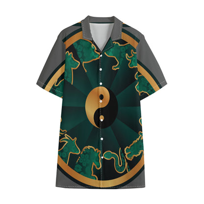 Green And Gold Chinese Zodiac Print Cotton Hawaiian Shirt