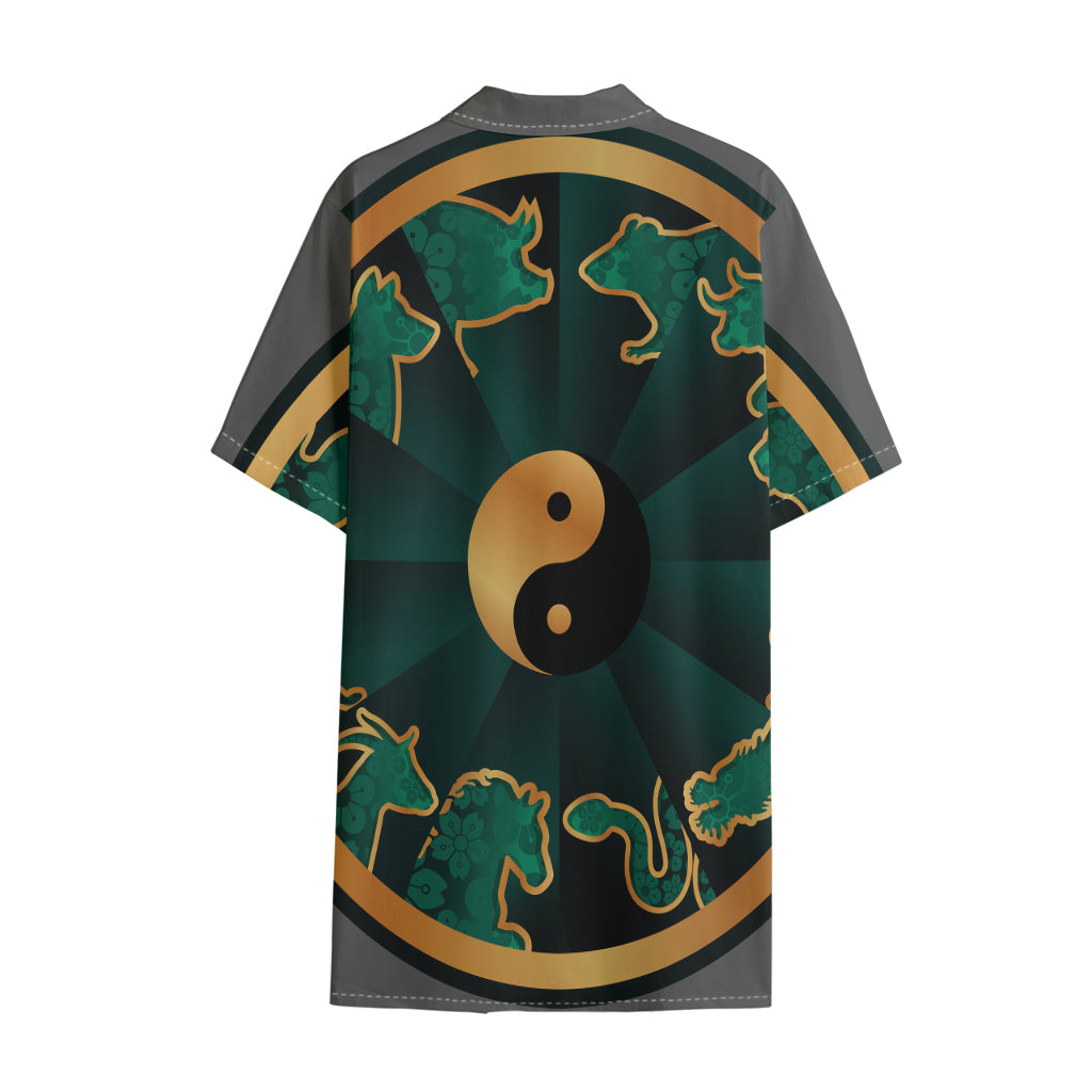 Green And Gold Chinese Zodiac Print Cotton Hawaiian Shirt