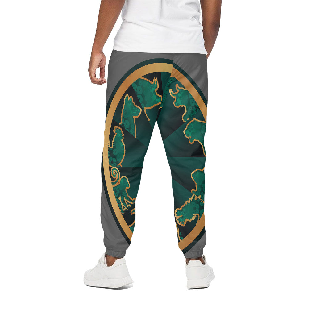 Green And Gold Chinese Zodiac Print Cotton Pants