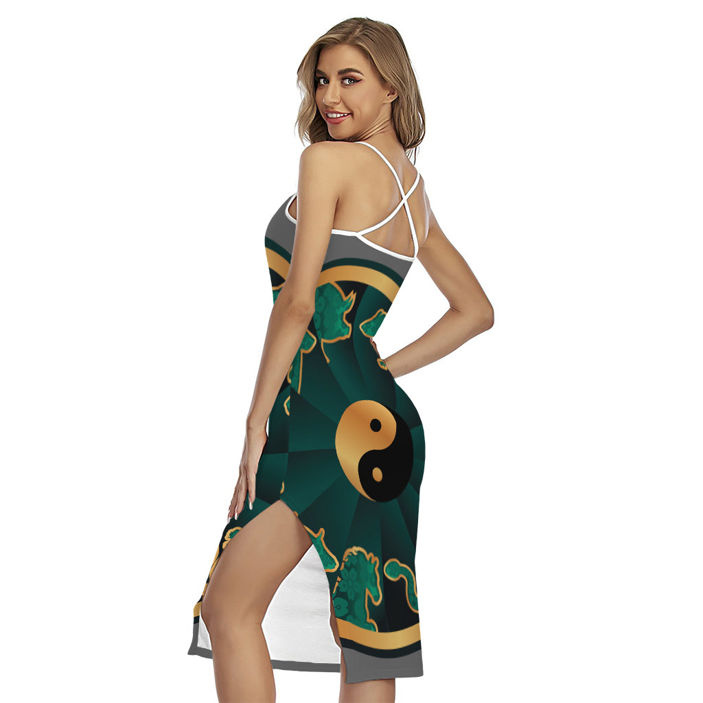 Green And Gold Chinese Zodiac Print Cross Back Cami Dress