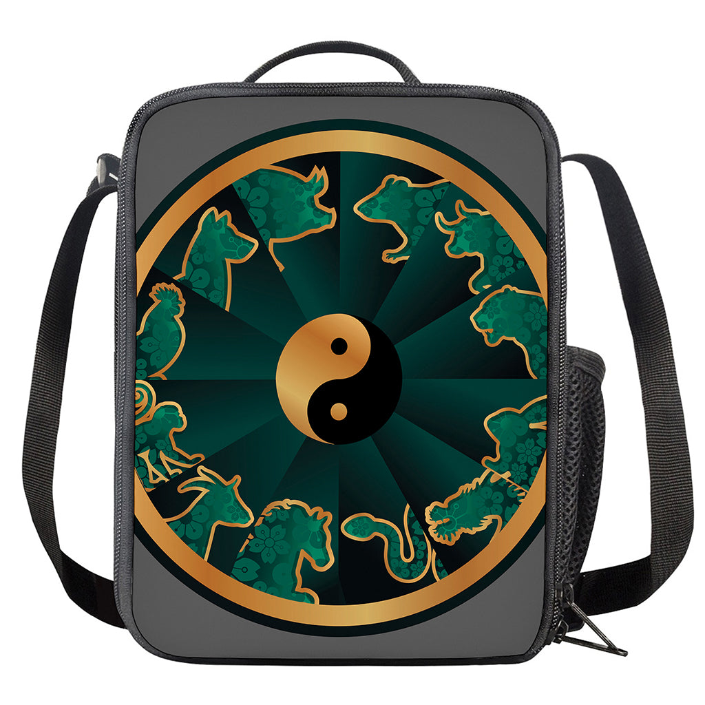Green And Gold Chinese Zodiac Print Crossbody Lunch Bag