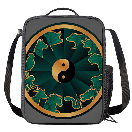 Green And Gold Chinese Zodiac Print Crossbody Lunch Bag
