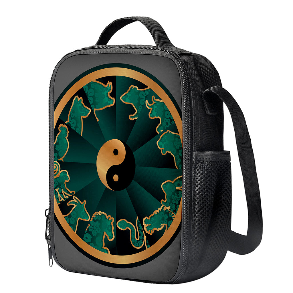 Green And Gold Chinese Zodiac Print Crossbody Lunch Bag