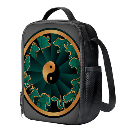 Green And Gold Chinese Zodiac Print Crossbody Lunch Bag