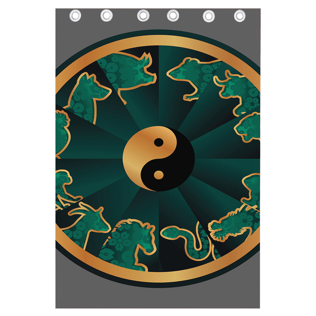 Green And Gold Chinese Zodiac Print Curtain