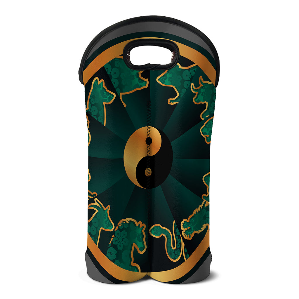 Green And Gold Chinese Zodiac Print Double Neoprene Wine Tote