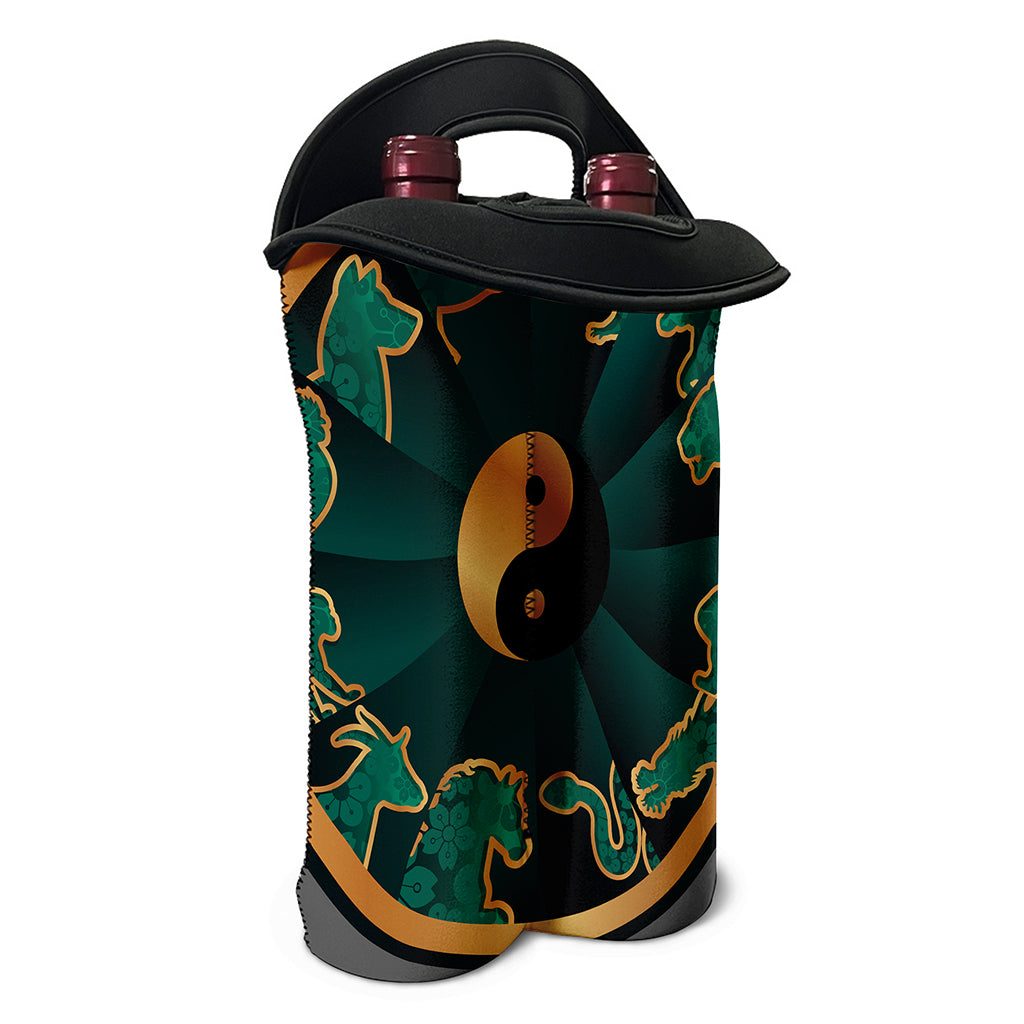 Green And Gold Chinese Zodiac Print Double Neoprene Wine Tote