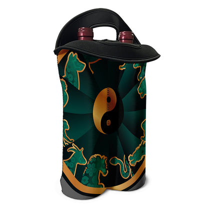 Green And Gold Chinese Zodiac Print Double Neoprene Wine Tote