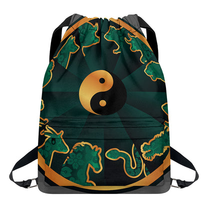 Green And Gold Chinese Zodiac Print Drawstring Backpack