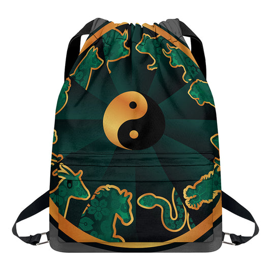 Green And Gold Chinese Zodiac Print Drawstring Backpack