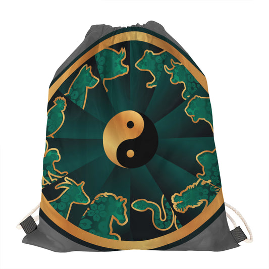 Green And Gold Chinese Zodiac Print Drawstring Bag