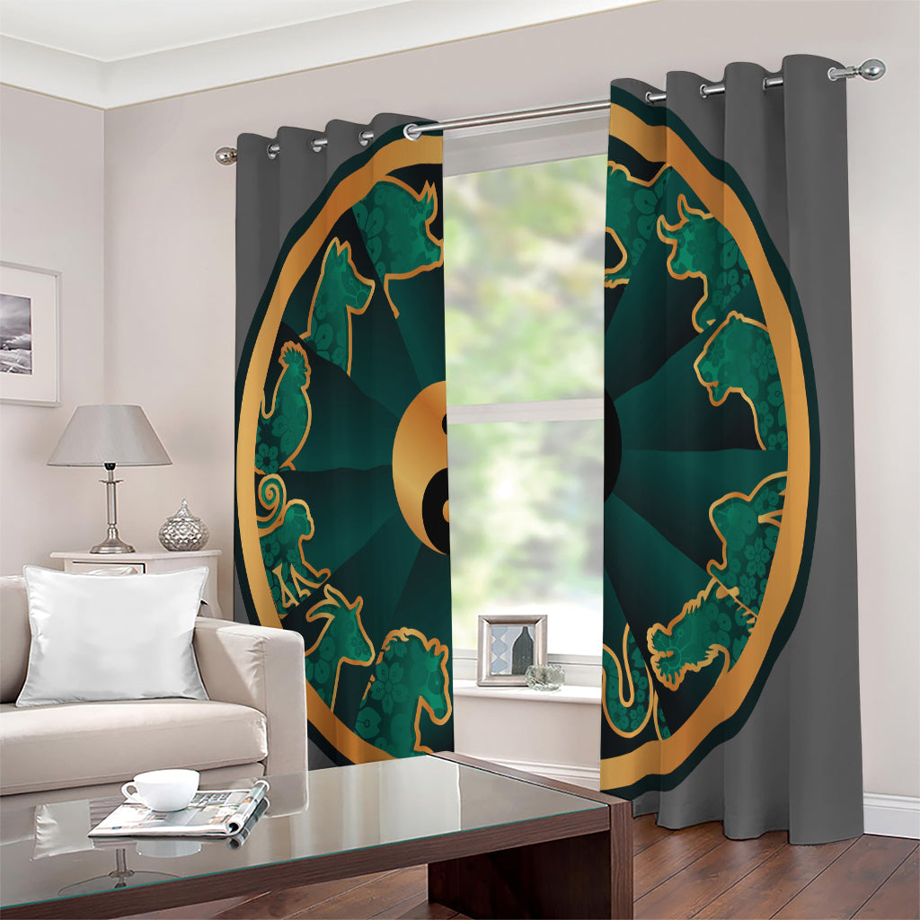 Green And Gold Chinese Zodiac Print Extra Wide Grommet Curtains