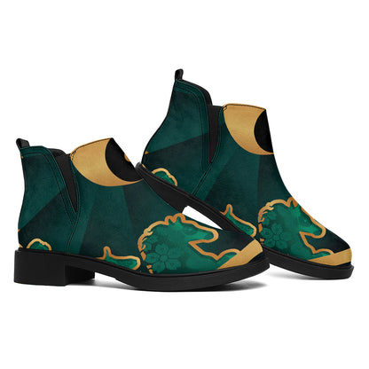 Green And Gold Chinese Zodiac Print Flat Ankle Boots