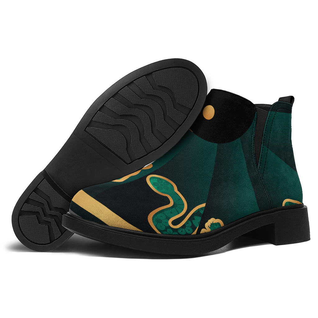 Green And Gold Chinese Zodiac Print Flat Ankle Boots