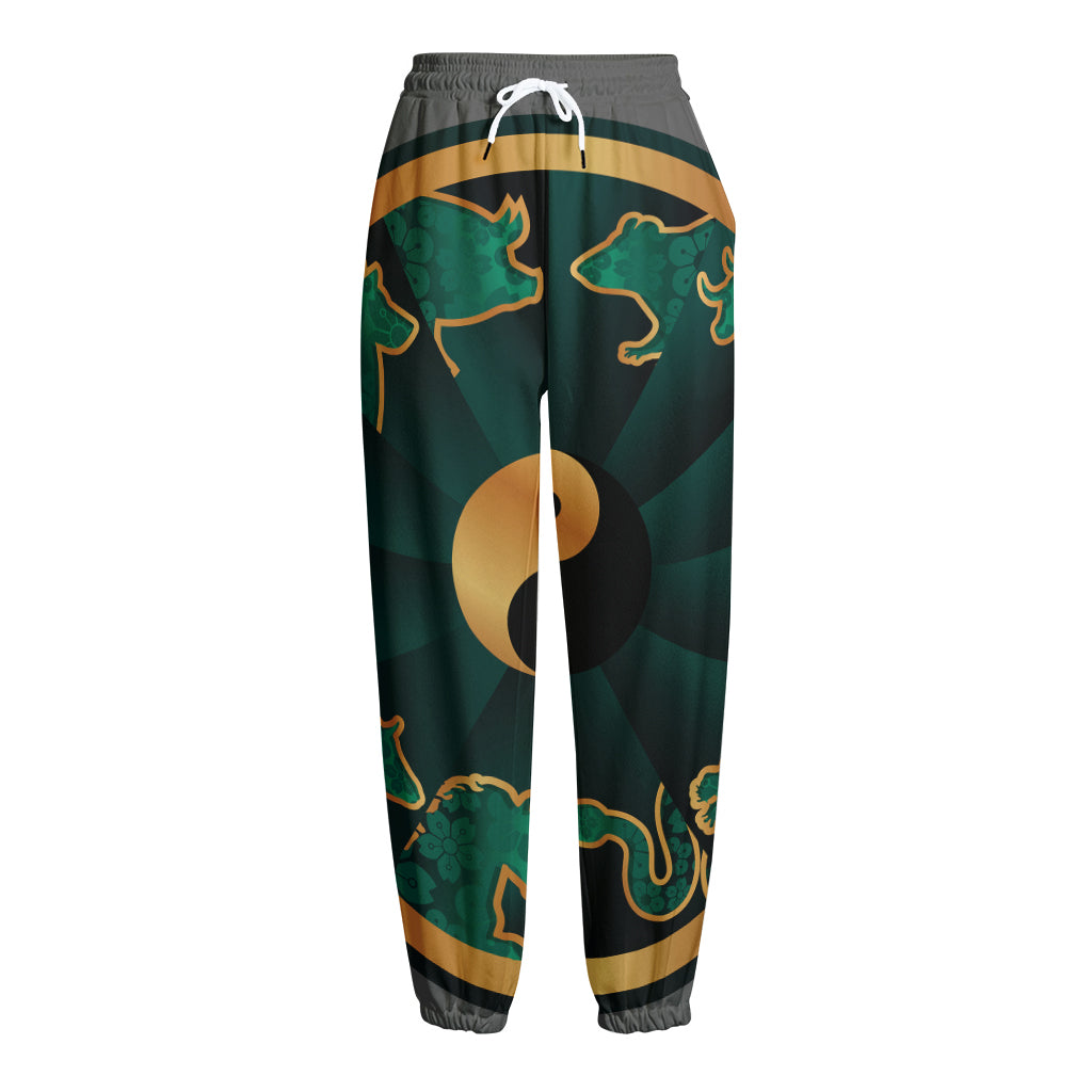 Green And Gold Chinese Zodiac Print Fleece Lined Knit Pants