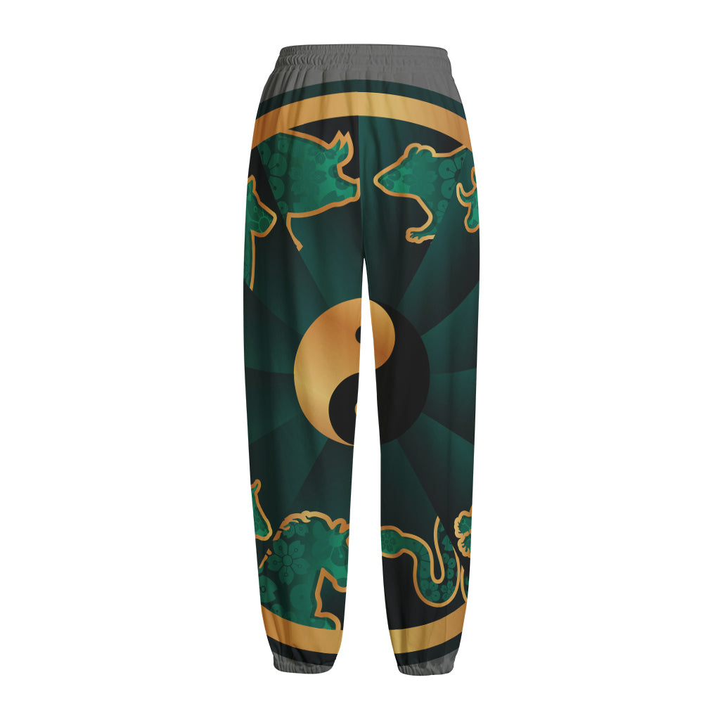 Green And Gold Chinese Zodiac Print Fleece Lined Knit Pants