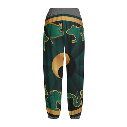 Green And Gold Chinese Zodiac Print Fleece Lined Knit Pants