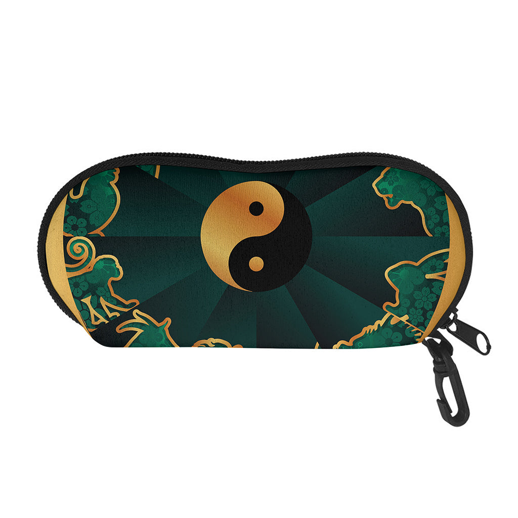 Green And Gold Chinese Zodiac Print Glasses Case