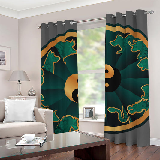 Green And Gold Chinese Zodiac Print Grommet Curtains