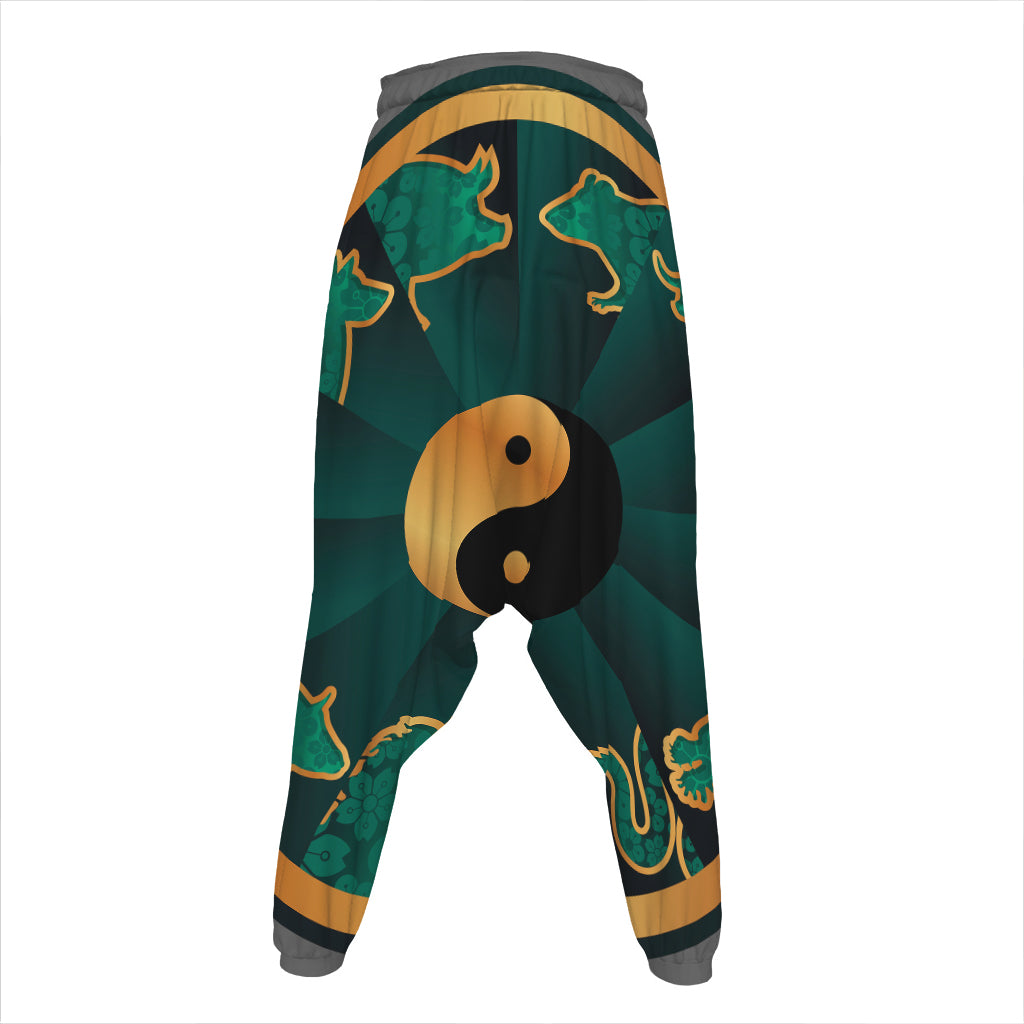 Green And Gold Chinese Zodiac Print Hammer Pants