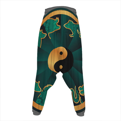 Green And Gold Chinese Zodiac Print Hammer Pants