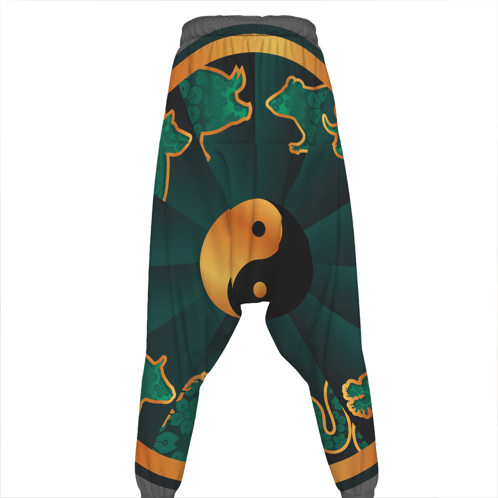 Green And Gold Chinese Zodiac Print Hammer Pants