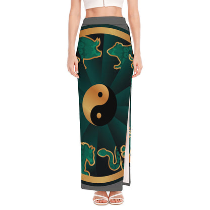 Green And Gold Chinese Zodiac Print High Slit Maxi Skirt